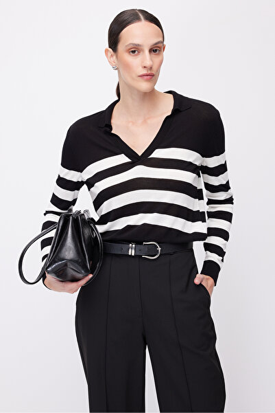 PAULMARK Women's Striped Polo Neck Sweater