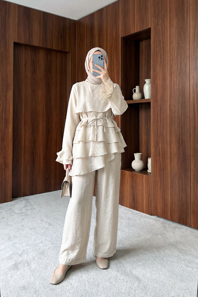 MODAQU Ασύμμετρο σετ παντελονιών Cupra με επένδυση και στρώσεις - Πέτρινο