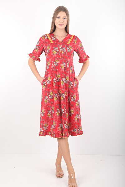 Wild Love Γυναικείο καθημερινό φόρεμα με κόκκινο φλοράλ σχέδιο, βαμβακερό βολ...