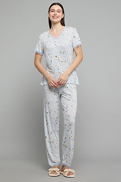 R&B Printed V-Neck Pyjama Set