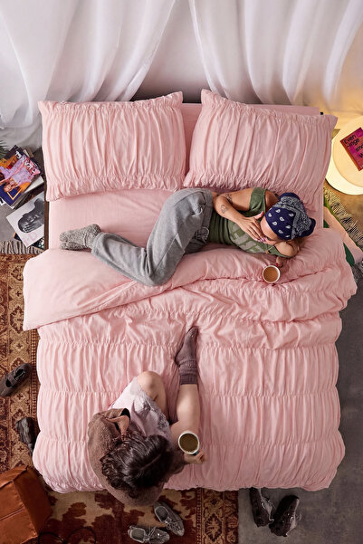 BEYAZLALE Σετ Παπλωματοθήκη από Βαμβάκι σε Ανοιχτό Ροζ με Κορδόνι Περίσφιξης