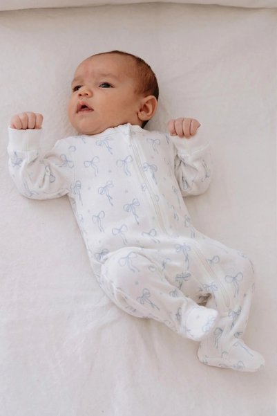 Tuğba Kuğu 0.3 Tog Zippered Baby Romper with Booties - Pureline Series - Blue Dainty Bows