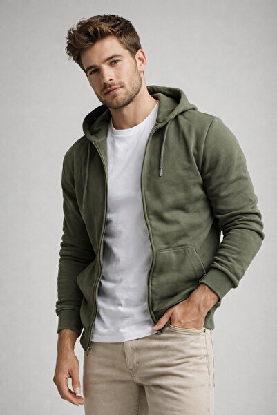 Rich Men's Khaki Cotton Hooded Basic Cardigan