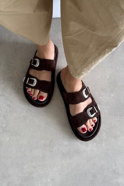 nope21shoess State Brown Genuine Leather Slippers