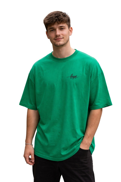 DUBU BUTİK Unisex Oversize Yeşil Tişört Hope Yazı Baskılı %100 Pamuk Salaş Ba...