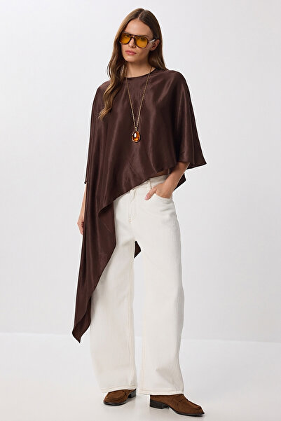 Lovelyİstanbul Ασύμμετρη Μπλούζα με Σατέν Επιφάνεια LFG0184 ΚΑΦΕ