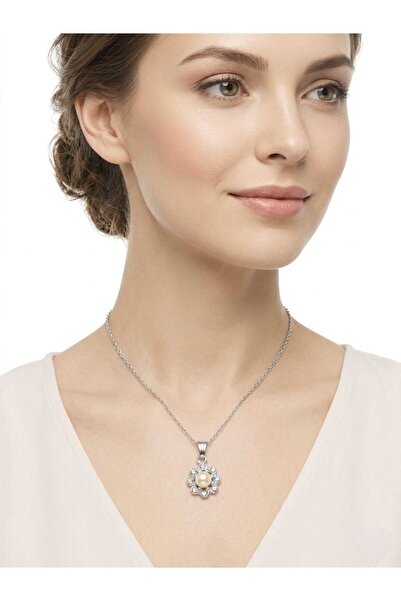 SEVMİNE Elegant Pearl Detailed Crystal Stone Flower Necklace - Silver Color |...