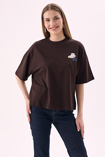 Crep Women's Parisian Croissant Coffee Printed Crew Neck Short Sleeve T-Shirt- Oversize Fit 100% Cotton