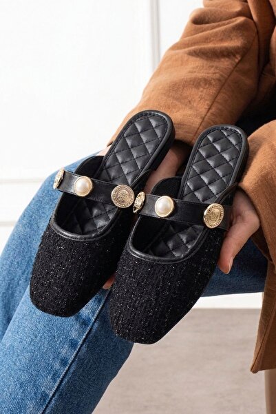 FUGA MODA Παντόφλες Jolie από μαύρο ύφασμα με γκλίτερ, κλειστές μπροστά, με α...