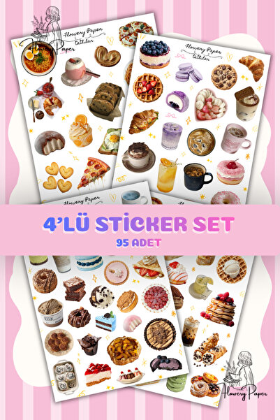 Flowery Paper 4'lü Boyutlu Tatlı Sticker sayfası , Defter,ajanda ,journal,scr...