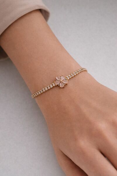mirvia Flower Detailed Zircon Stone Adjustable Elevator Bracelet with Gold & ...