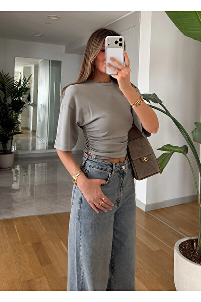 My Blog Γκρι μπλουζάκι με μανίκια νυχτερίδας και κορδόνι - 261003