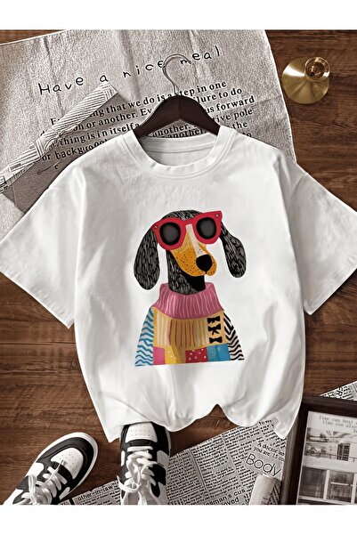 yiou trendy clothing تي شيرت كبير الحجم مطبوع عليه تصميم كلب لطيف ذو عيون حمراء