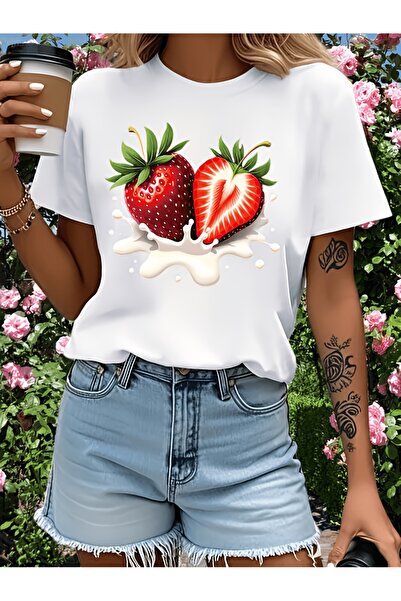yiou trendy clothing تي شيرت فاخر كبير الحجم بتصميم فراولة مميز مطبوع