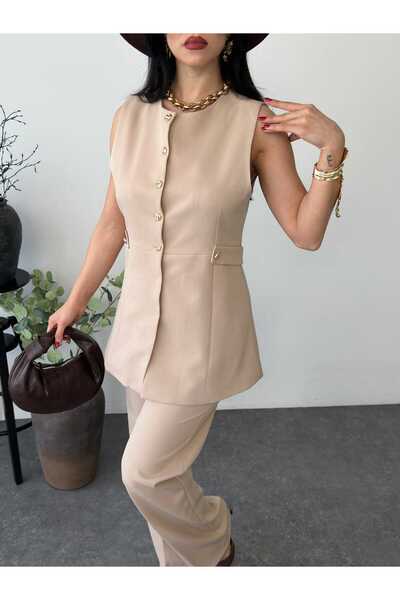 MYGİYİMİSTANBUL Κομψό και μοντέρνο σετ δύο τεμαχίων με χρυσά κουμπιά, αμάνικο...