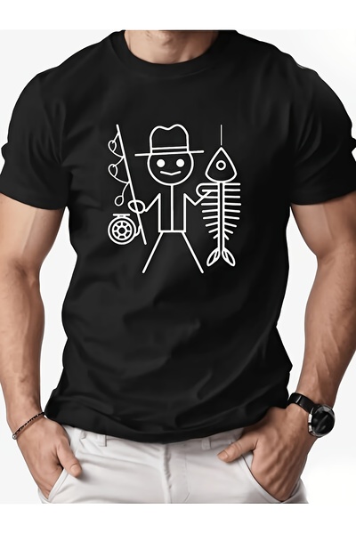 yiou trendy clothing تي شيرت كبير الحجم مطبوع عليه رجل يصطاد السمك بزر واحد
