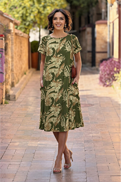 Nevin Kaya Moda Φόρεμα με στρογγυλή λαιμόκοψη και σχέδιο χακί δάφνης