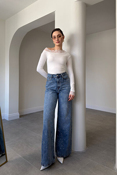 MAGARDE Τζιν με φαρδιά μπατζάκια και πέτρες στο μπροστινό μέρος - ΜΠΛΕ