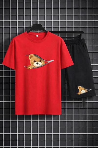 zeag Unisex Zippered Bear Printed Shorts and T-Shirt Set