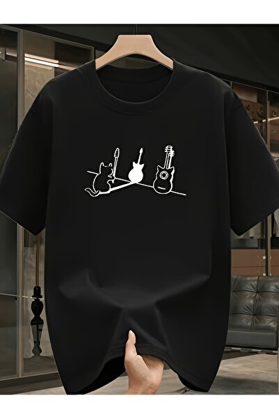yiou trendy clothing تي شيرت كبير الحجم مطبوع عليه قطة لطيفة تنظر إلى جيتار، ...