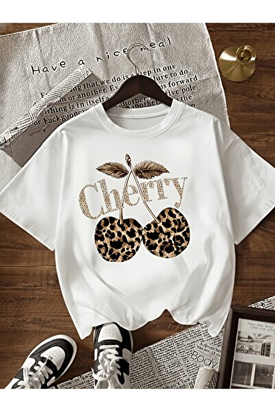 yiou trendy clothing تي شيرت عادي برقبة دائرية بتصميم جلد الفهد والكرز للجنسين