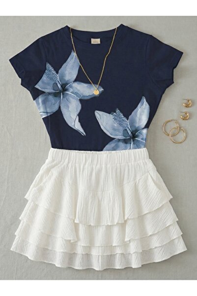 NİCE Γυναικείο Σετ με Φλοράλ Στάμπα - Κοντομάνικο Μπλουζάκι Λύκρα και Κοντή Φ...