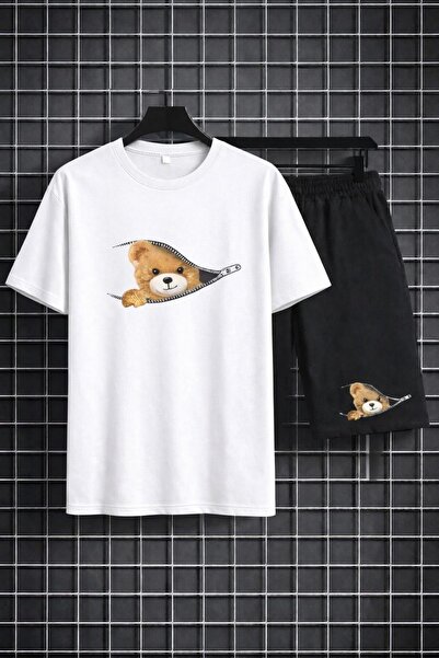 zeag Unisex Zippered Bear Printed Shorts and T-Shirt Set