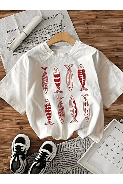 yiou trendy clothing تي شيرت فاخر كبير الحجم مطبوع عليه تصميم السمكة الحمراء