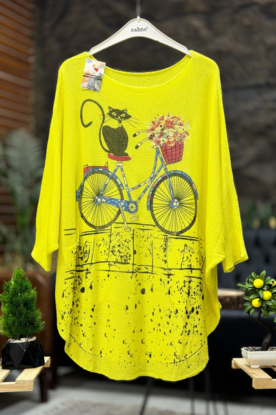 sahnemoda Kedi Ve Bisiklet Baskı Yarasa Merserize Bluz