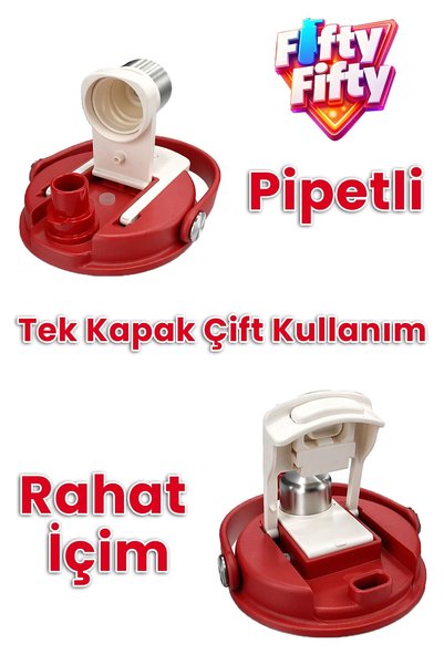 Vagonlife DILLER Tumbler 880 ML Tek Kapak Çift Kullanım Pipetli/Pipetsiz Taşıma Kulplu Çelik Termos-FFD9505-88