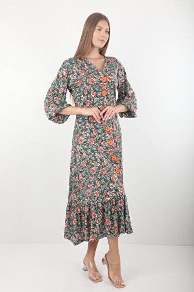 Wild Love Γυναικείο βαμβακερό casual φόρεμα με πράσινο φλοράλ σχέδιο και κουμ...