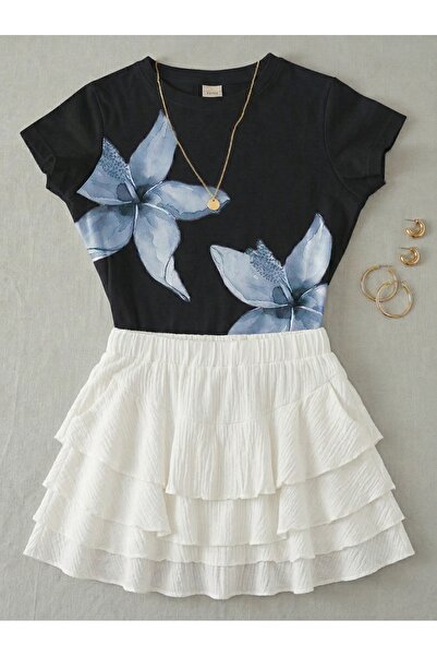 NİCE Γυναικείο Σετ με Φλοράλ Στάμπα - Κοντομάνικο Μπλουζάκι Λύκρα και Κοντή Φ...