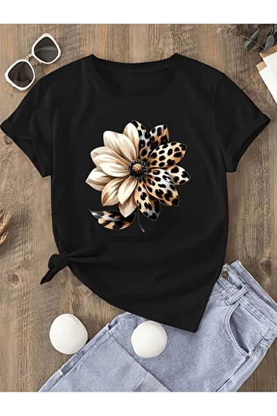 yiou trendy clothing تي شيرت جينسيركو كبير الحجم مطبوع عليه نقشة الفهد والزهور