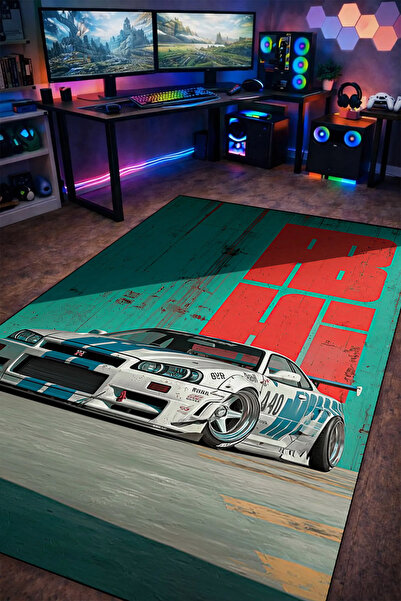 gxe.art Nissan GTR R34 Spor Araba Tasarım Yıkanabilir Kaymaz Taban Halı