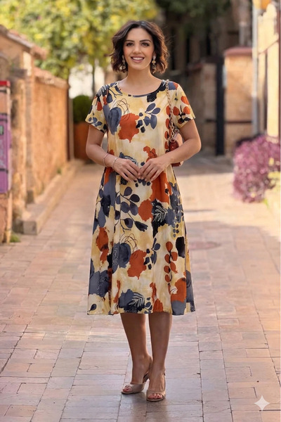 Nevin Kaya Moda Κρεμ φόρεμα με στρογγυλή λαιμόκοψη και σχέδιο για το φθινόπωρο