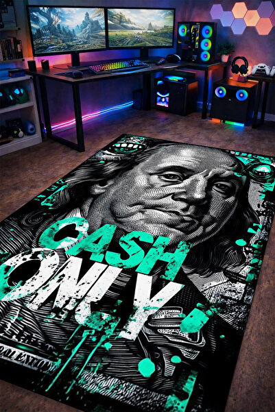 gxe.art Cash Only Para Temalı Dijital Baskı Yıkanabilir Kaymaz Taban Halı