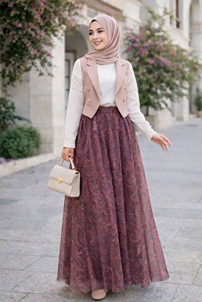 Sfg Life Moda Ασύμμετρη κοπή, έθνικ σχέδιο, φούστα χιτζάμπ από τούλι με επένδυση