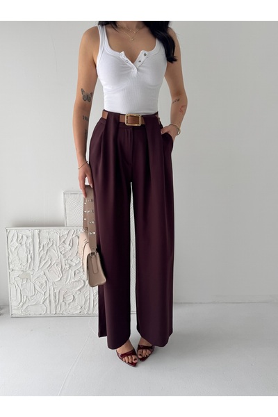 02Lady Fashion Κομψό παντελόνι με πιέτες στη μέση, φαρδιά μπατζάκια και ψηλόμ...