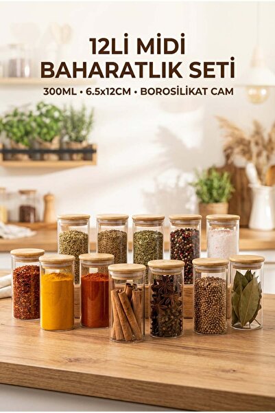 ERKUGO 12-Piece Vacuum Glass Spice Jar Set with Bamboo Lids 300 ml - 6.5X12 c...