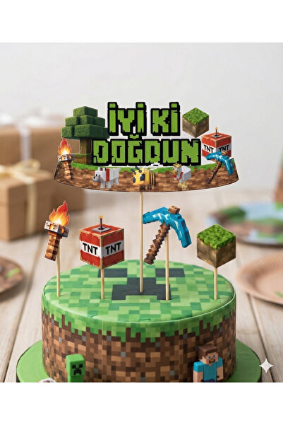DODOMAR Minecraft Temalı Pasta Kürdan Seti 5'li Doğum Günü Pasta Süsleme Dekoru