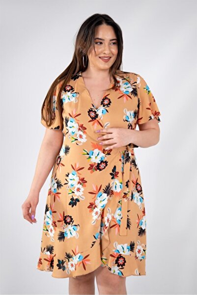 Roxxlen Γυναικεία φούστα μεγάλου μεγέθους με βολάν-φλοράλ φόρεμα σε καφέ χρώμα