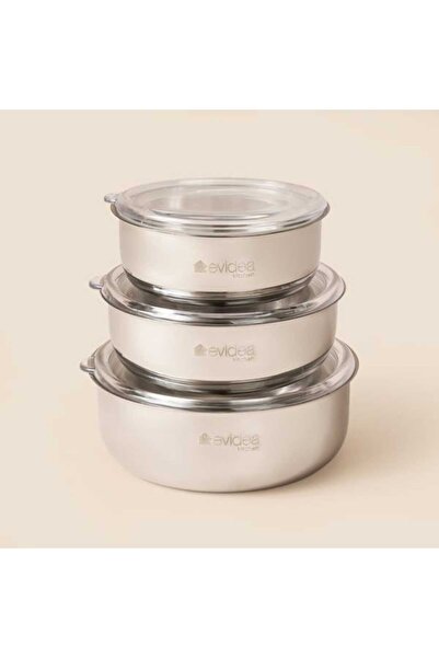 Evidea Kitchen 3'lü Çelik Saklama Kabı - Inox - 18 cm + 16 cm + 14 cm