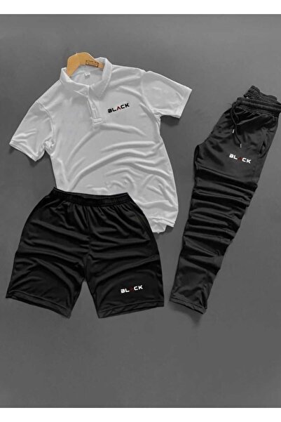 ByFourMan Σετ ανδρικής φόρμας 3 τεμαχίων με μαύρο στάμπα Polo Collar, με μπλο...