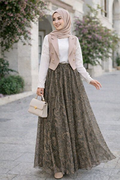 HİRA LİFE FASHİON Asymmetrical Cut Ethnic Pattern Lined Tulle Hijab Skirt