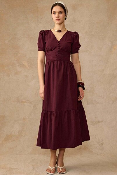 Olcay Βαμβακερό φόρεμα με μανίκια καρπούζι και λεπτομέρεια ντραπέ, ΒΟΡΝΤΟ 9457-E