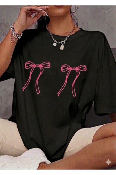 LELVANİ Women's Colorful Ribbon Printed Black T-Shirt
