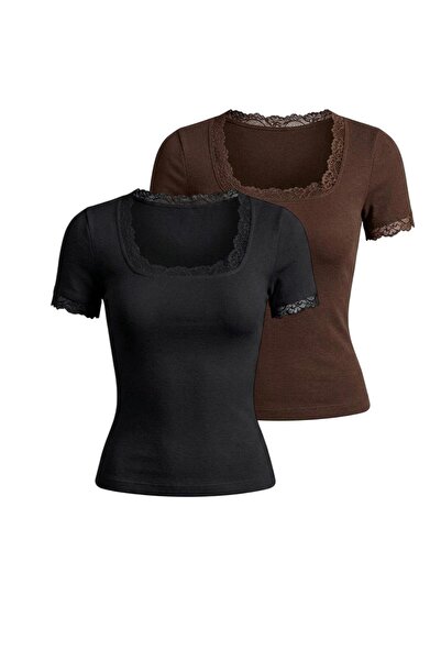 EVOA Γυναικεία μπλούζα με δαντέλα και κεντητό τετράγωνο γιακά, 2 τεμαχίων