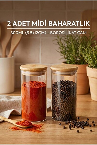 ERKUGO Set of 2 Vacuum Glass Spice Jars with Bamboo Lids 300 ml - 6.5X12 cm M...