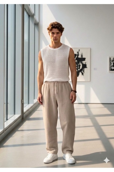CAST COLLECTİON Ανδρικό παντελόνι σε μπεζ καλοκαιρινό ύφασμα από μουσελίνα κα...