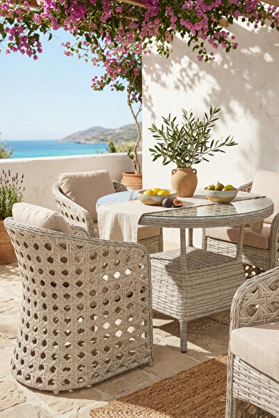 KalyonHome Oslo Rattan 4 Kişilik Bahçe Masa Takımı Balkon Masa Sandalye Takım...